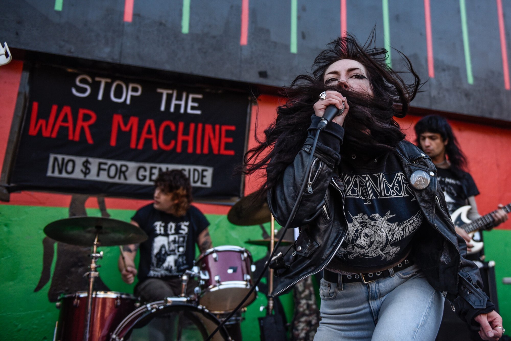 The band Cross plays as people attend a hard core punk concert in support of Palestine at the Herbert Von King Park in the Bedford-Stuyvesant neighborhood in the Brooklyn borough in New York City.
