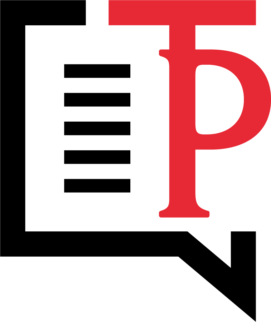Turning Point logo, red TP monogram on black comment bubble.