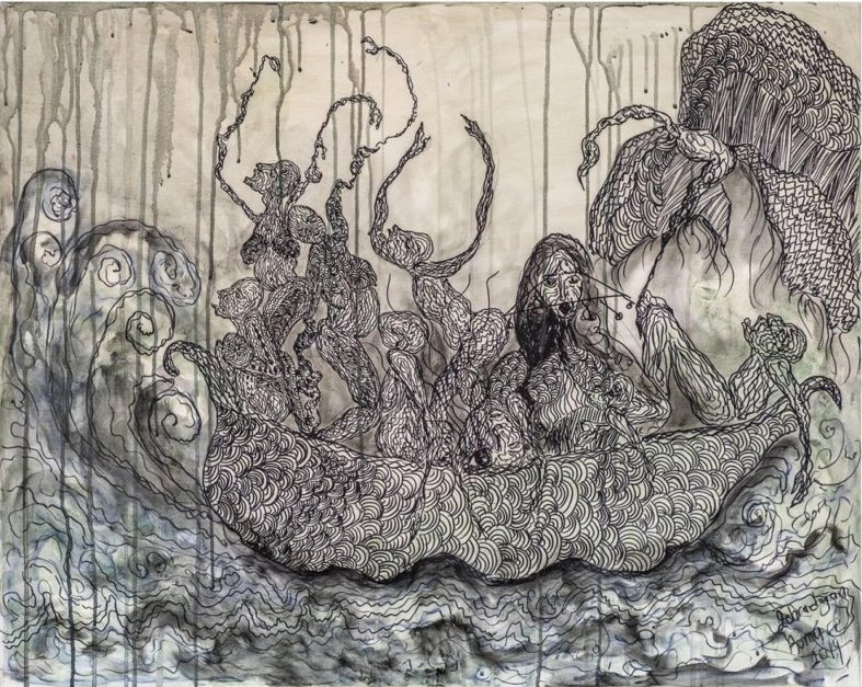 A Painting by Zehra Doğan, portraying Noah's ark.