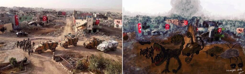 A photograph of destruction amid Turkey's military occupation of Nusaybin on the left, on the right Zehra Doğan's painting of the scene.
