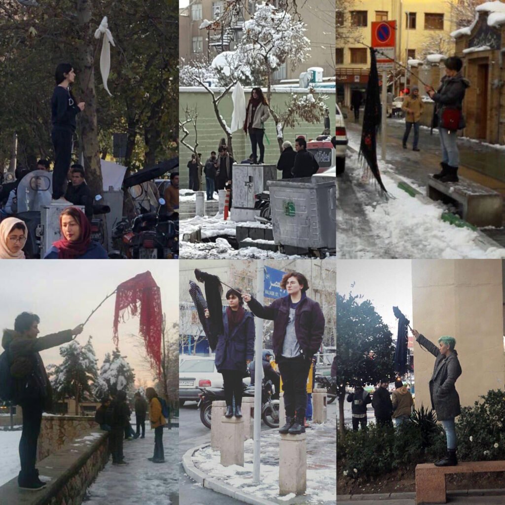 "Girls of Enghelab Street", Iranian women, defiantly and silently waving their headscarves on sticks in protest against mandatory hijab laws.