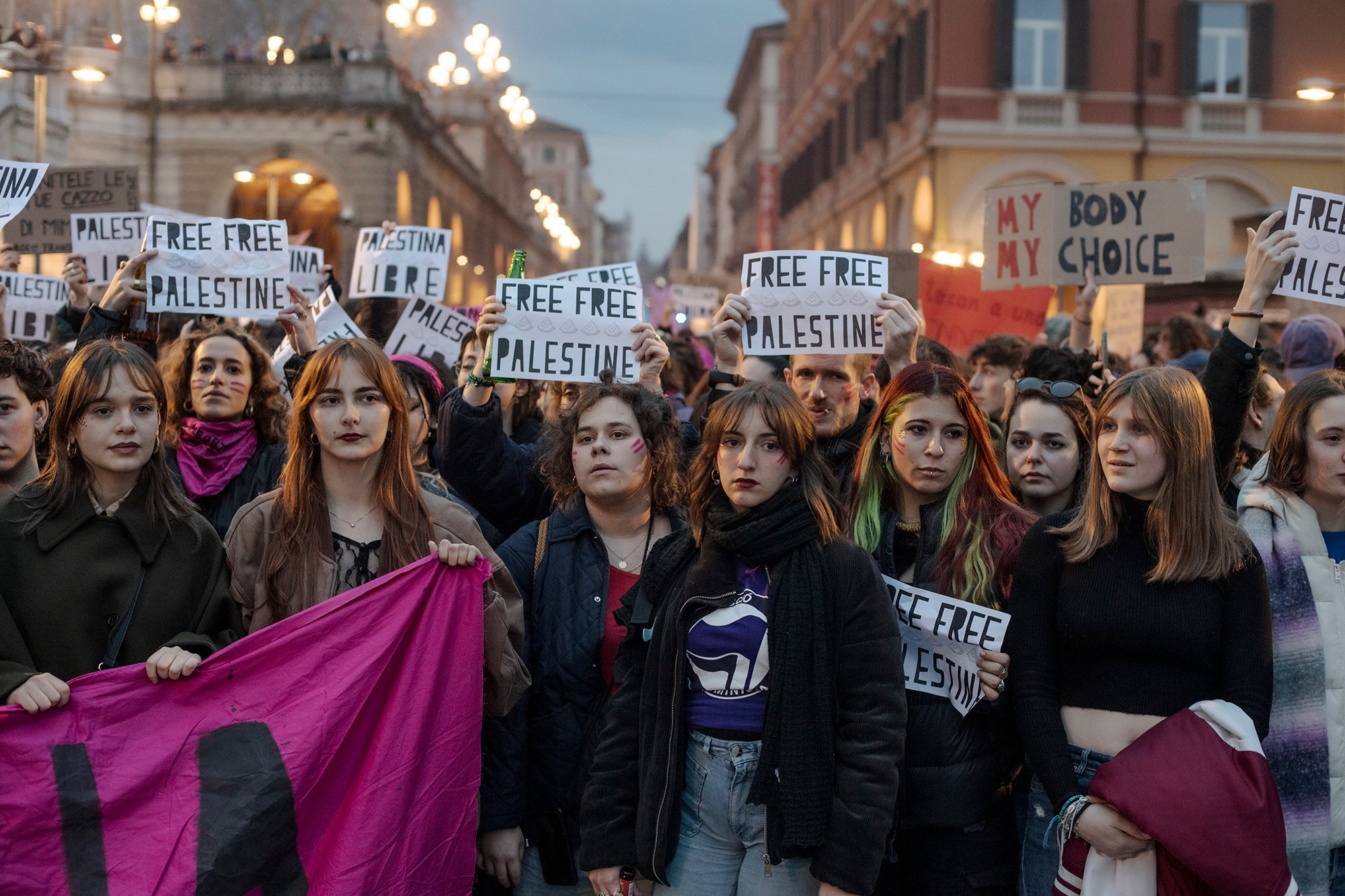 In Bologna, Italy, feminist protesters express support to Gaza and Palestine on International Women's Day, March 8, 2024.