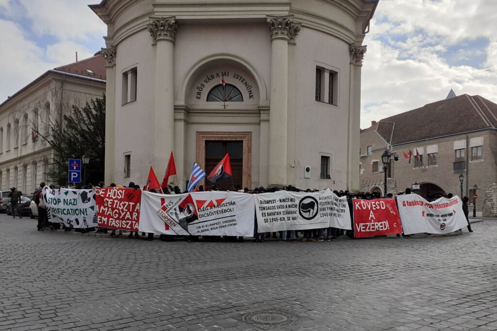An anti-fascist picket at the Buda Castle's Vienna Gate Square in Budapest, on February 11, 2023.