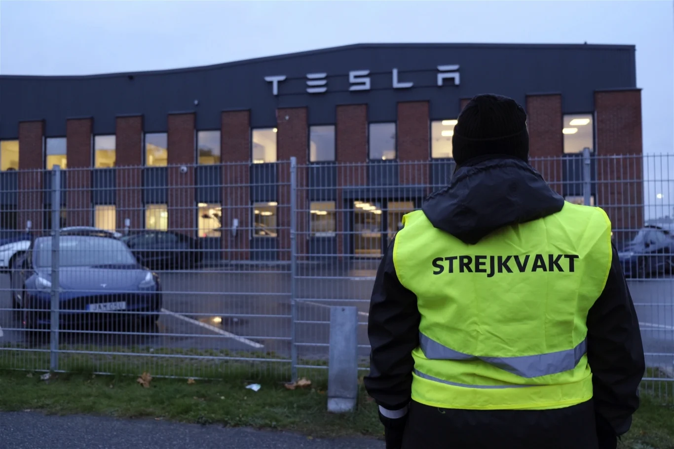 Emma Hansson, the chair of IF Metall's Stockholm branch, in picket in the first days of the Tesla strike in Stockholm, Sweden, in October 2023.