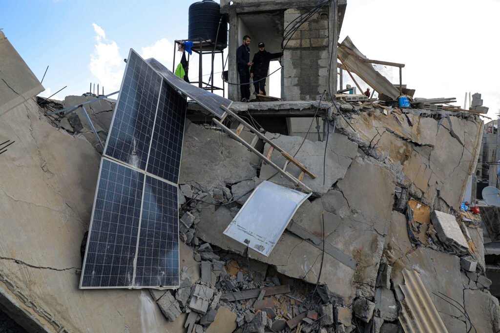 Solar panels destroyed in Israeli bombing along with the residential building that hosted them in Gaza city.