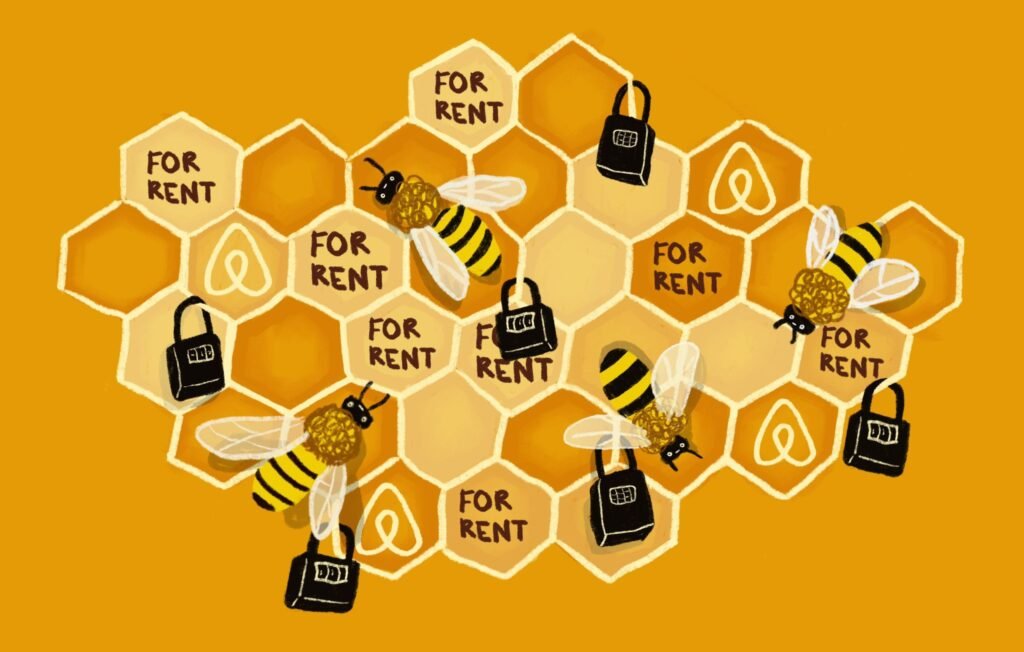 Illustration showing a honeycomb with several of the cells "for rent" or locked with numeric code locks popular among AirBNB rentals.