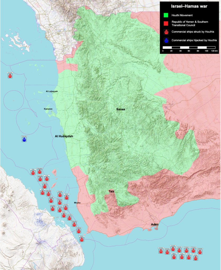 A map of the Houthi movement attacks on commercial ships during the Israel–Hamas war, December 2023.