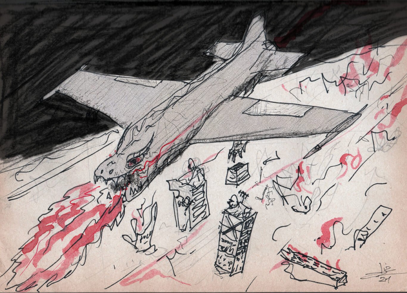 An artwork by Nizar Al Rifai depicting Israeli airplanes bombing southern Lebanon in 1996.