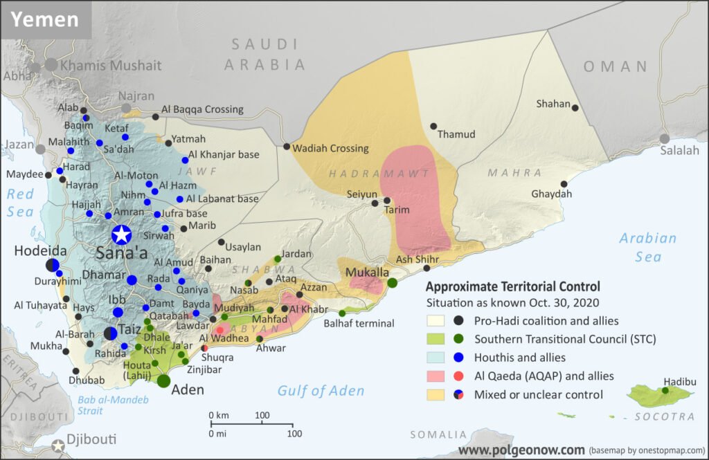 A map of Yemen showing territorial control of different factions in civil war.