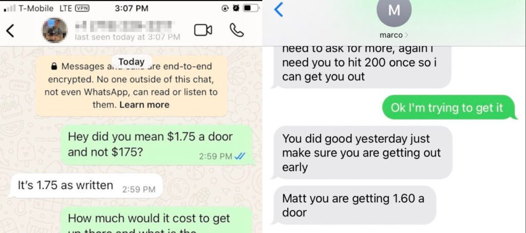 America PAC subcontracted canvasser's payment rate is dropped with a text message.