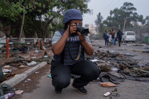 Portrait of a photojournalist Arlette Bashizi at work in Goma, DRC, January 31, 2025.