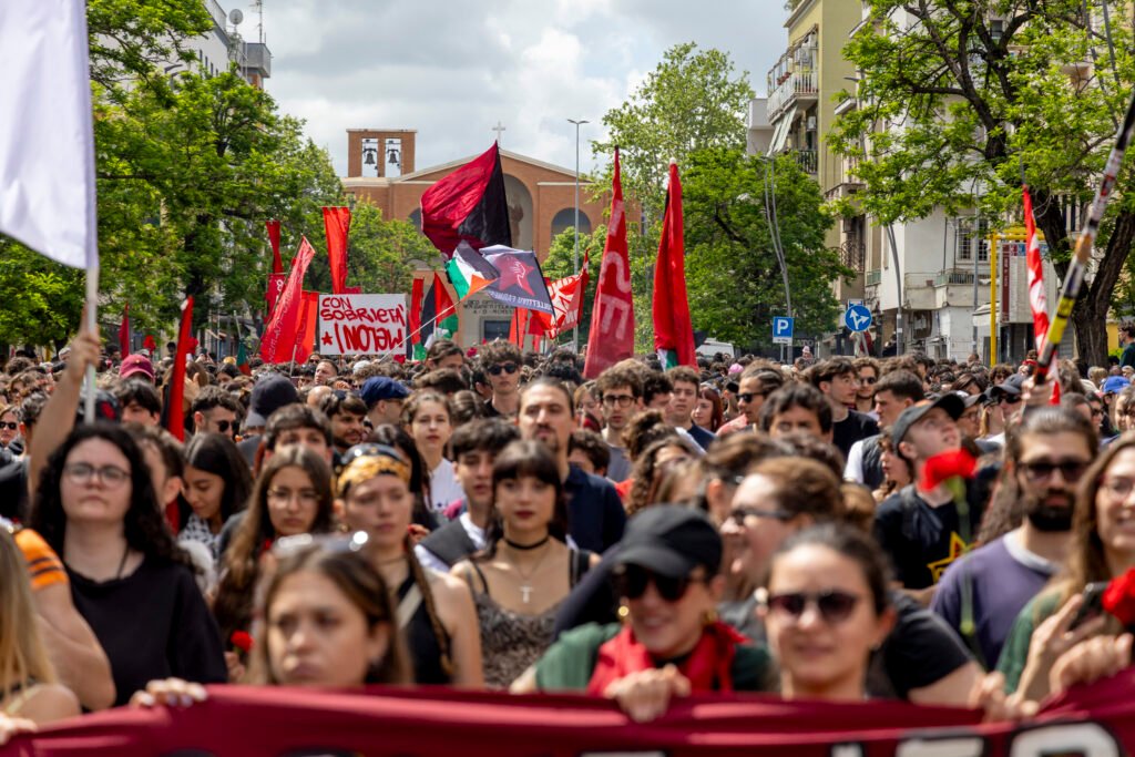 The April 25 march sets off from Piazza delle Camelie, where crowds gather to begin the Liberation Day demonstration in Centocelle, Rome.