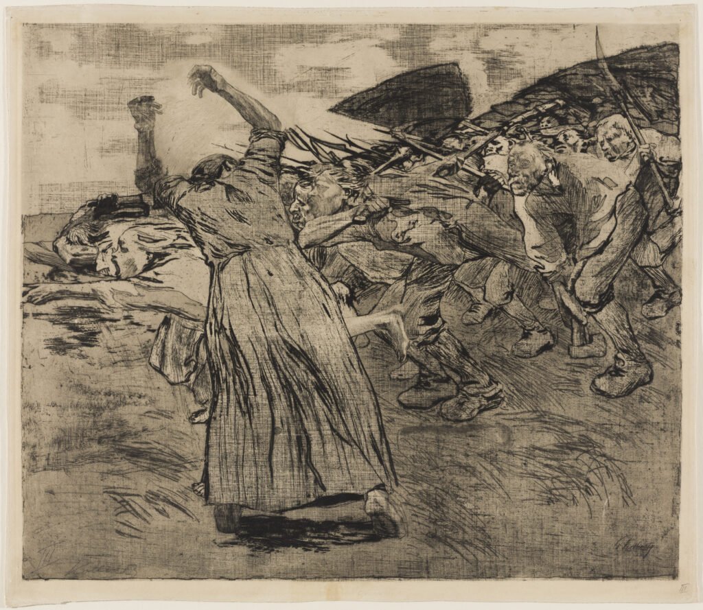 Charge (Sturm in German), created in 1902/1903, as part of Käthe Kollwitz’s Peasants’ War series.
