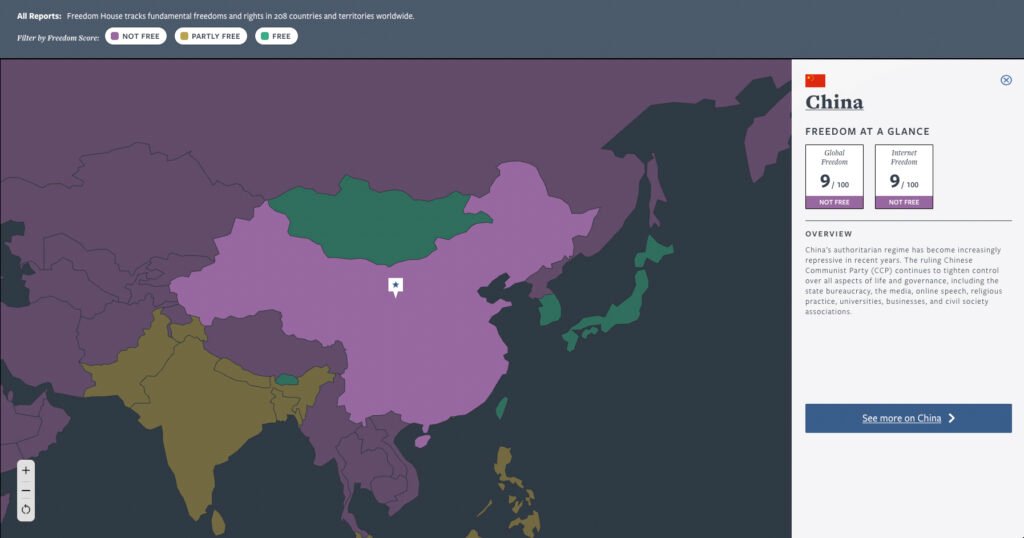 Freedom House interactive map for global press freedom.