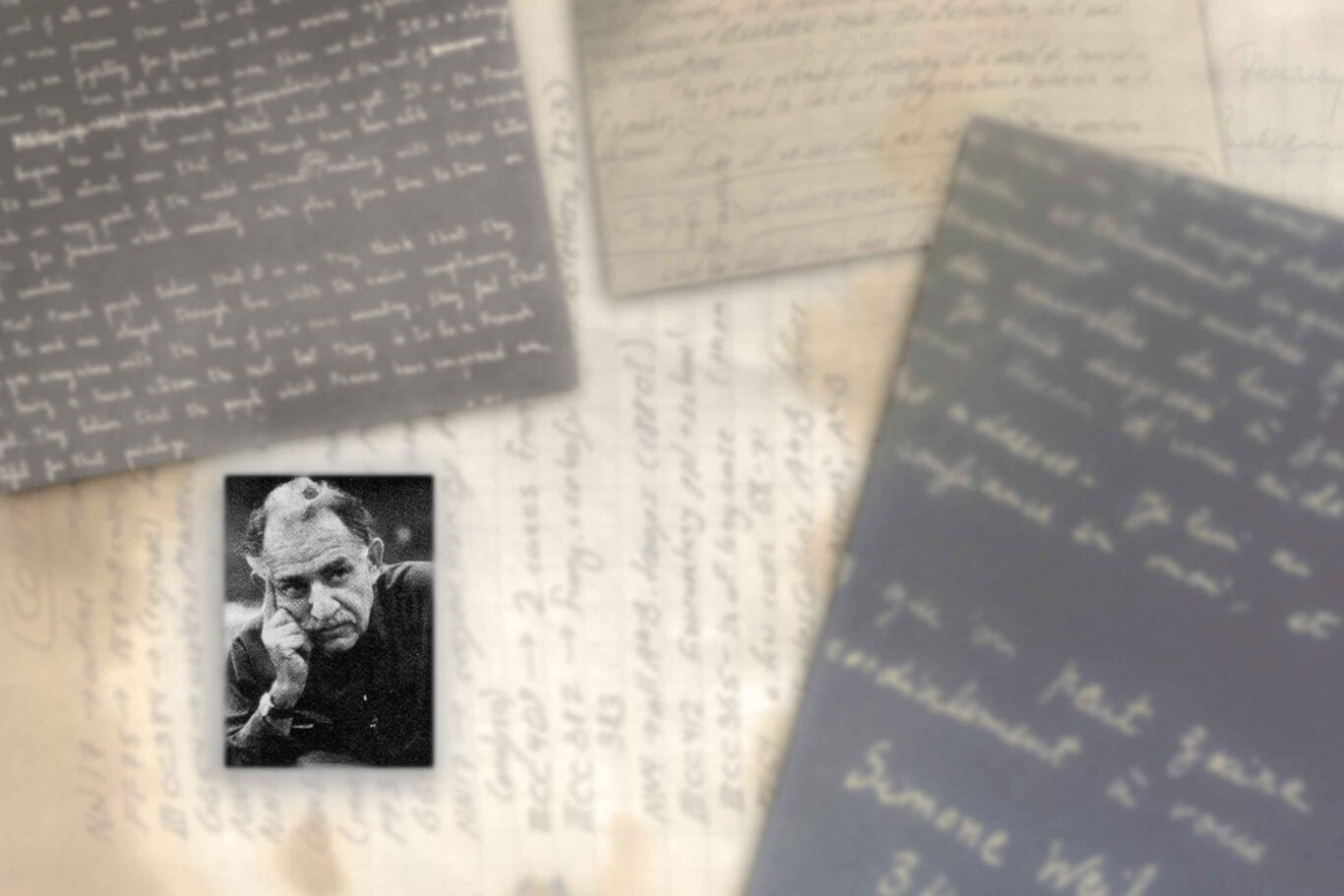 Murray Bookchin portrait on a composite background of handwritten pages.