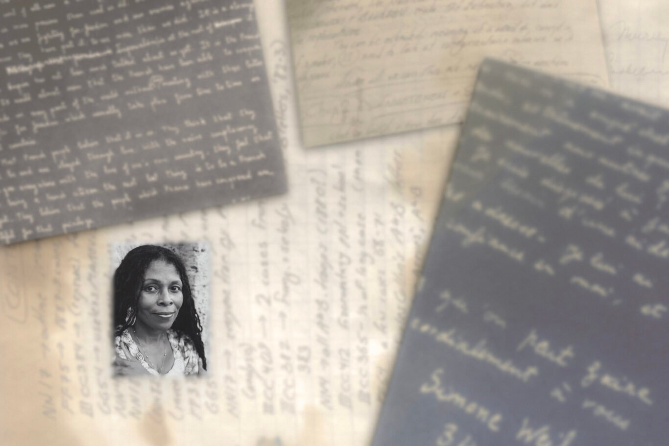 Assata Shakur portrait on a background of essay papers.