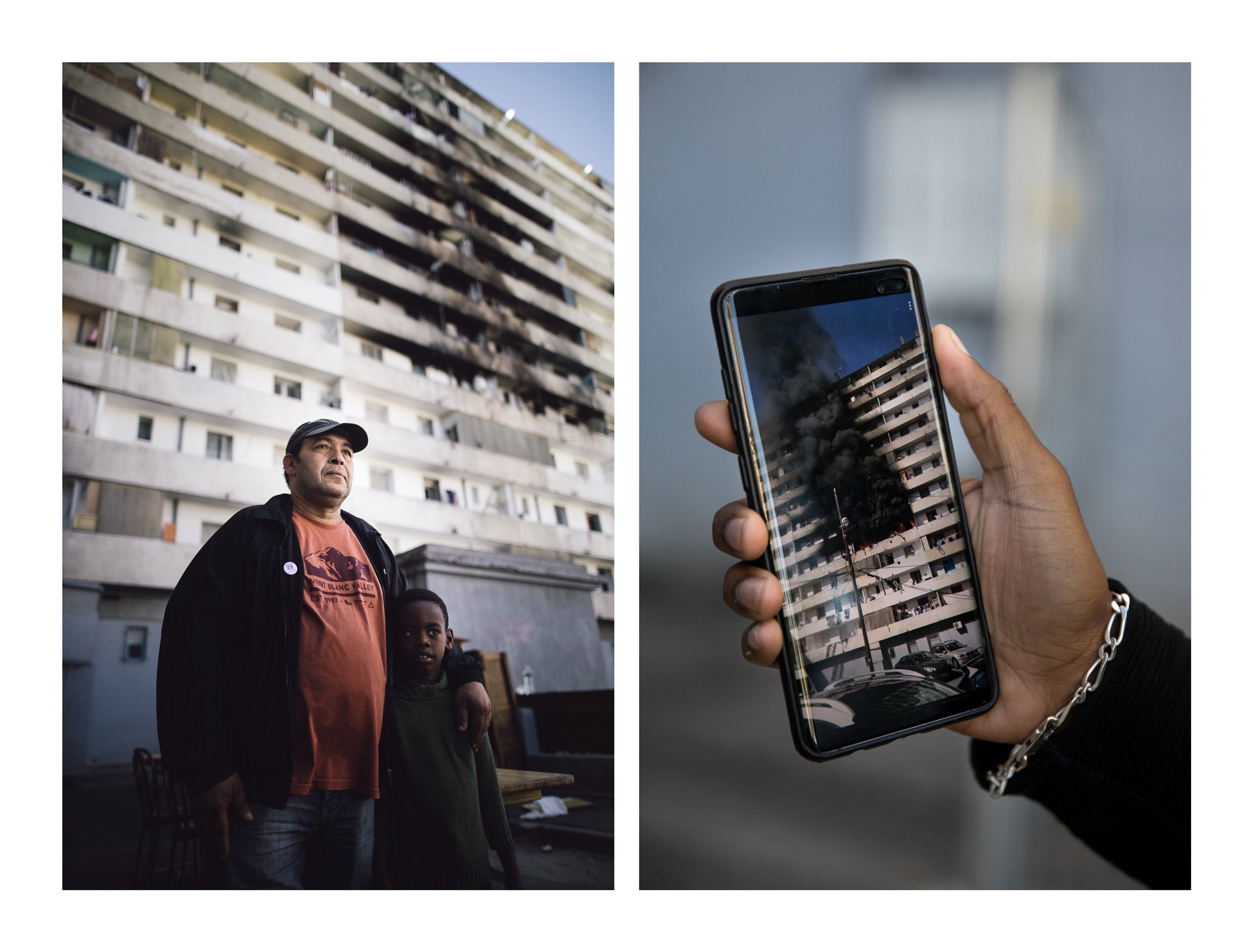 Mohamed, A volunteer from the 5 November Collective, visits the Maison-Blanche housing estate, where a fire destroyed several flats in the summer of 2019. The housing estate is in such a poor state that it is one of France's 17 ‘national priorities’.