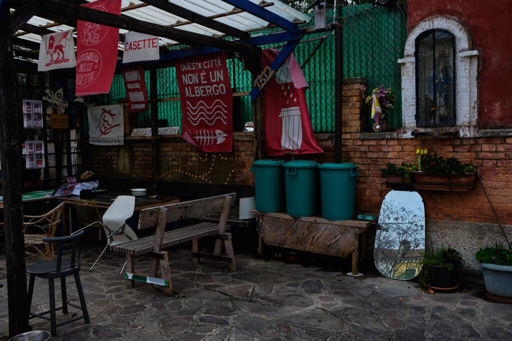 Italy, Venice, May 23, 2025: Small space created by ASC at the ‘cassette’ (Giudecca), used for meetings, gatherings and raising awareness.
