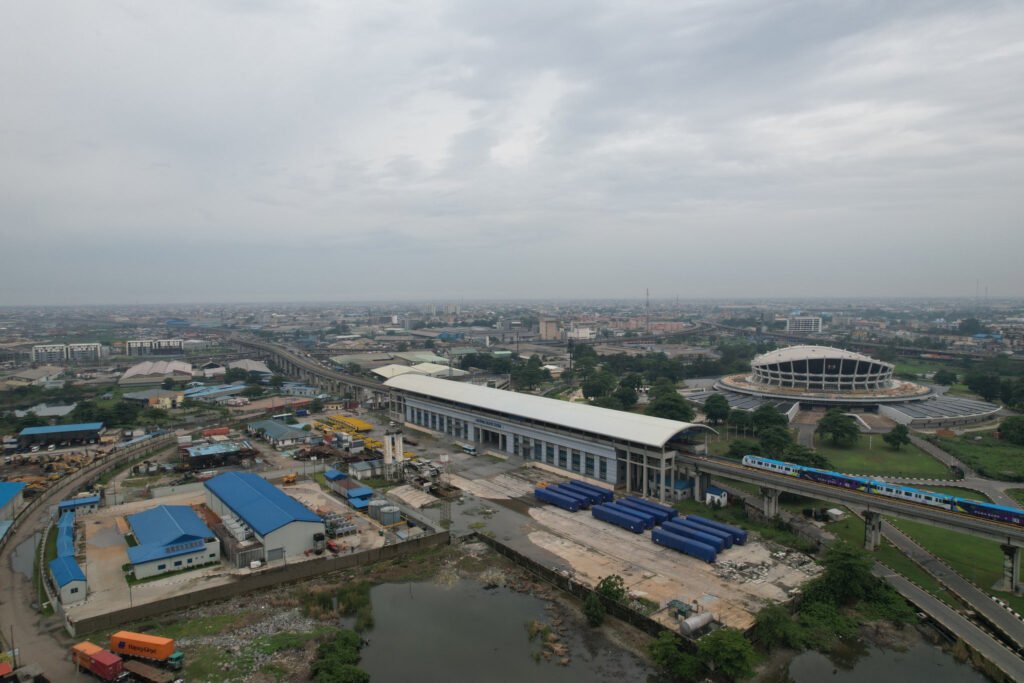Aerial view of the Lagos Blue Line railway in Nigeria, constructed by the China Civil Engineering Construction Corporation (CCECC).